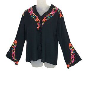 Misa Los Angeles Beautiful Black Embroidered Boho Blouse With Ties Size XS